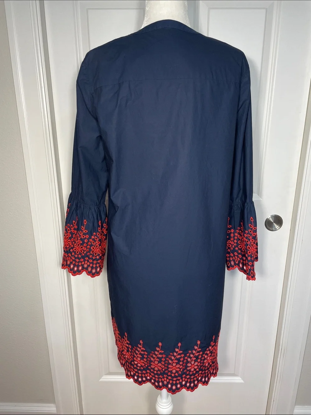 J. Crew Midi Dress Medium Embroidered Eyelet Bell Long Sleeve Navy Blue